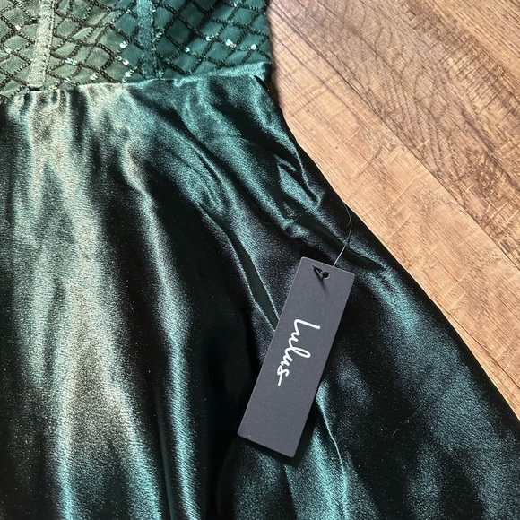 LULU’S Going Glam Dark Green Sequin Bustier Skater Dress - Picture 3 of 4